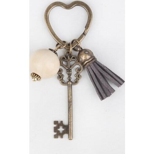 Doreen Box Vintage Handmade Key Chains Key Rings Antique Bronze Heart Wood Round Beads Tassel Pendants Keychain Jewelry, 1 PC