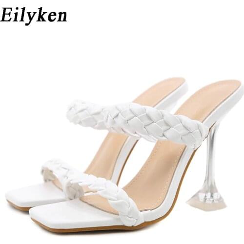 Eilyken Fashion Weave Design Women Slipper Ladies Crystal High Heels Sandals 2021 New Summer Square Toe Outdoor Slides Shoes