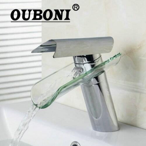 OUBONI Chrome Brass Bathroom Polish Sink Mixer Tap Faucet Hot & Cold Mixer Waterfall Tap Bathroom Sink Brass Body