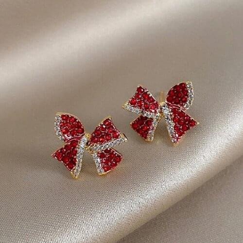 Delicate Vintage Red Zircon Bow Stud Earrings for Women New Korean Fashion Pearl Heart Earrings Jewelry for Girls Gift Female