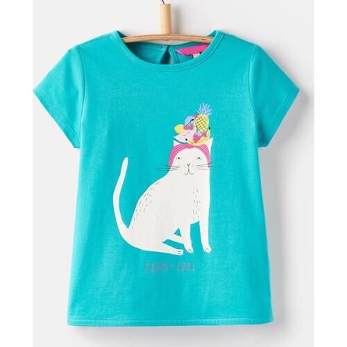 Little Maven New Summer Kids Clothing Short O-neck Green Cats Cartoon Knitted Cotton 1-6yrs Girls Casual Tshirt