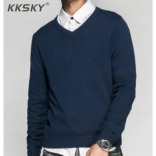 Mens Pullover V-neck 100% Cotton Solid Color Sweater 2019 Autumn And Winter New Long-sleeved Casual Sweater For Homme M-3XL