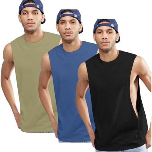 Mens Fitness Sleeveless Vest With Extreme Dropped Armhole Crew neck Regular fit Shirts Tank Tops