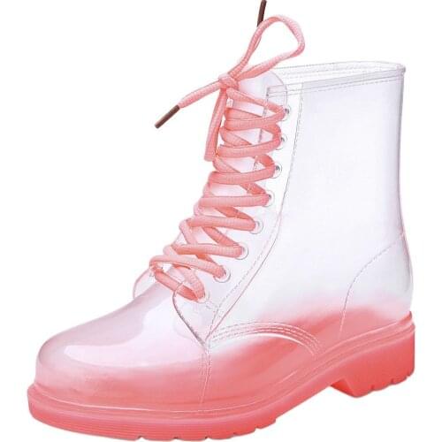 Women Rain Boots Mature Lady Lace Up Waterproof Lady Shoes Transparent Candy Color Ankle Outdoor Girls Shoes fgb56