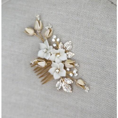 Delicate Ceramic Flower Bridal Comb Hair Jewelry Gold Color Wedding Headpiece Women Hair Ornament Accessories