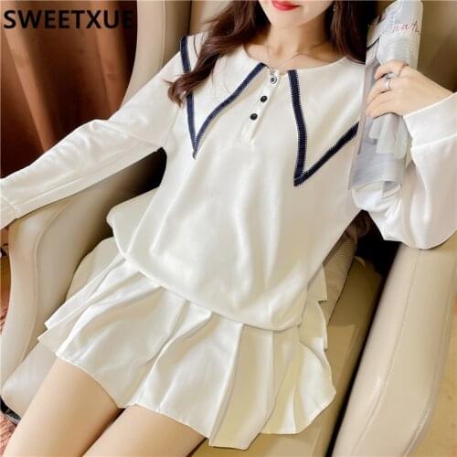 SWEETXUE Women New Preppy Style Navy Collar Blouse Pullover Sweatshirt Pleated Skirt Cute Two-Piece Suit
