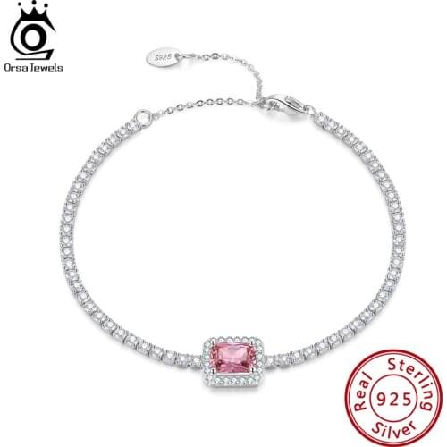 ORSA JEWELS 925 Sterling Silver Bracelet Tennis Chain Emerald Cutting AAAA Zircon Trendy Jewelry For Women Dating Present SB87