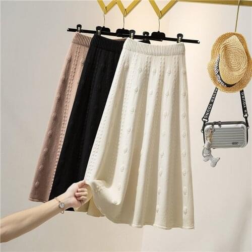 2021 Autumn Winter Women Thick Warm Knitted Pleated Skirts Lady Solid Warm High Waist A-Line Skirt Female Elegant Faldas Q225