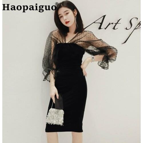 Autumn Winter Black Print Polka Dot Dress Women Puff Sleeve Backless Evning Party Dress Women Sheath Bodycon Wrap Club Dresses