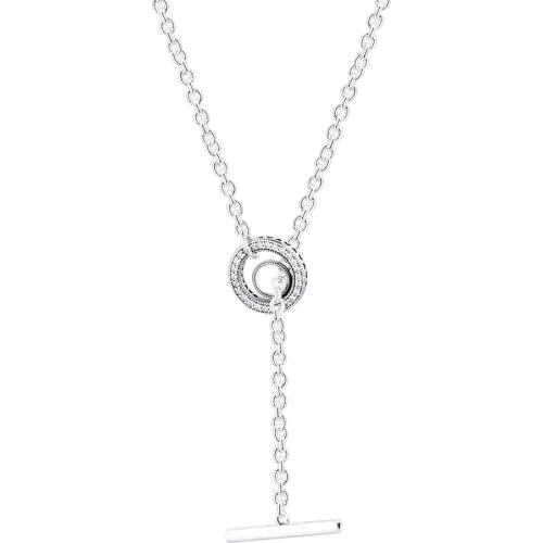 Pavé Circle Logo T-bar Heart Necklace for Women Clear CZ Hearts Flower Long Chain Silver 925 Jewelry Statement Necklaces Women