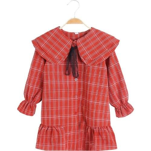 Girls dress casual childrens clothing spring and autumn new long-sleeved plaid lotus leaf collar casual kids clothes