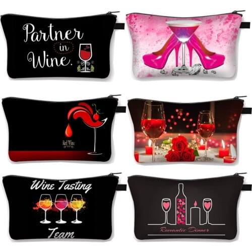Romantic Rose Wine Cosmetic Case Women Makeup Bags Ladies Lipstick Storage Bags Zipper Pouch Girls Make Up Bag Organizers Gift