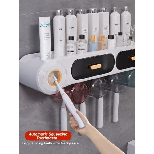 JOYBOS Wall-Mounted Toothbrush Holder Punch-Free Storage Rack Family Model (With Toothpaste Squeezer)JBS 44
