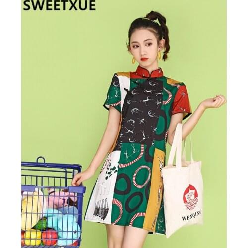 SWEETXUE Lady Chinese Style Retro Print Girl Cheongsam Comfortable Casual Loose Dress Women