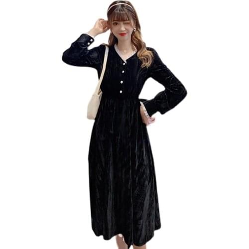 New arrival midi casual dress spring fashion long sleeve solid black dress