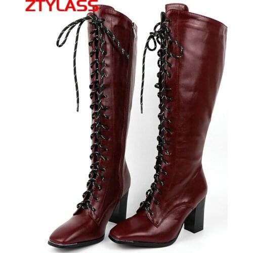 2021 Lace Up Knee High Boots Autumn Women Boots Pu Leather Square Toe High Heel Long Boots Zipper Winter Shoes Big Size 42 43