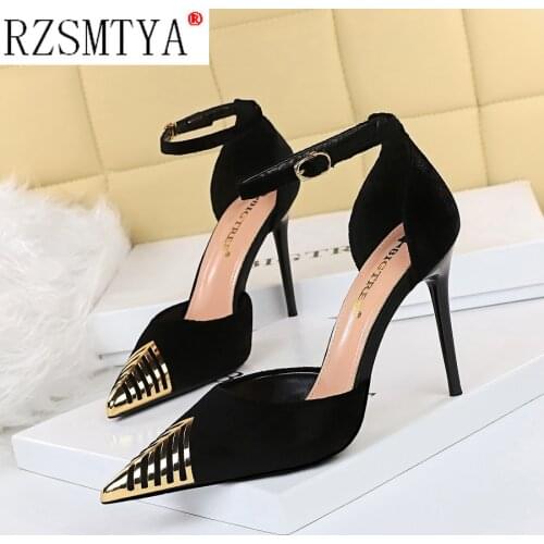 Women Pumps Spring High Heels 10cm Fashion Metal Pointed Toe Ladies Shoes Apricot Flock Shallow Woman Party Shoes Wedding