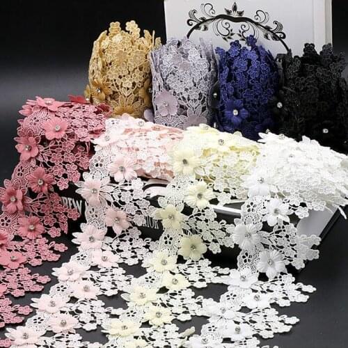 2Yard/Lot Bead Flower Lace Trim Hand-Diamond Patch Craft Clothes Wedding Dress Headwear Fabric Applique Curtain Home Decoration