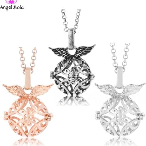 20.5mm Angle Wings Diffuser Cage Necklace Jewelry for Women Sound Ball Aromatherapy Essential Oil Pendant Long Chain Necklace