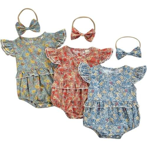 2021 2Pcs Toddler Baby Boy Clothes Outfit Floral O-Neck Ruffle Sleeves Romper Bow Headband For Girls 0-18M Childrens Clothing