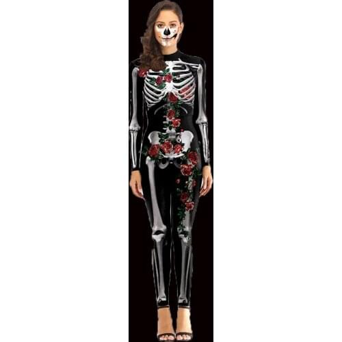 2021 Halloween Costumes For Woman Adult Sexy 3D Flower Print Skull Cosplay Jumpsuit Ghost Rose Skeleton Bodysuit Carnival Bar
