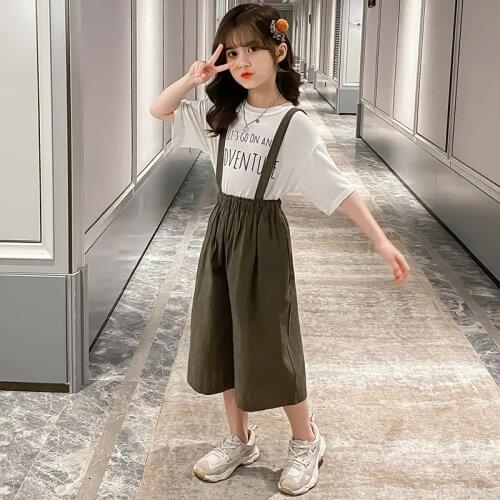 2021 Girls Clothes Set Teenager New British wind Casual Vest and Overalls Wide Leg Pants Fashion Children 6 7 8 9 10 11 12 year