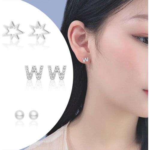 3pair/lot Dainty Ear Accessories Crystals W Letter Stud Earrings Set for Girls Imitation Pearl Earring Jewelry Womens Gifts EH17