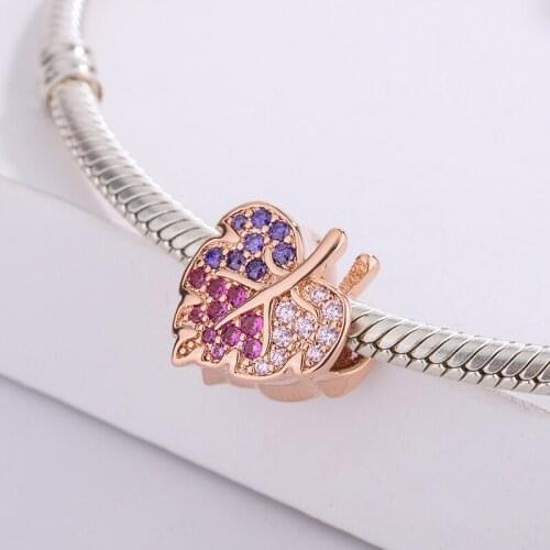 925 Sterling Silver Rose Color Pave Zircon Heart Laurel Leaf Pendant Charm Bracelet DIY Jewelry Making For Original Pandora