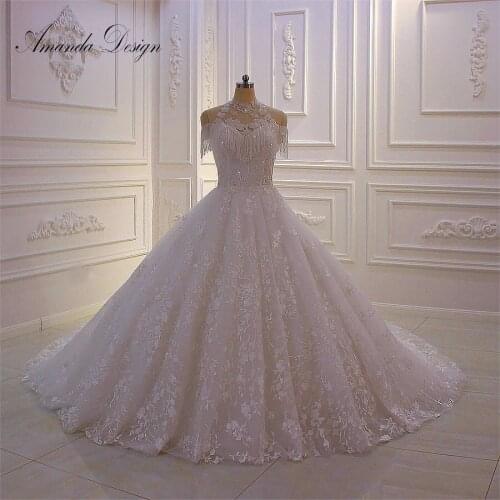 Amanda Design trajes de novia 2019 Off Shoulder Cover Neck Straps Beading Lace Wedding Dress