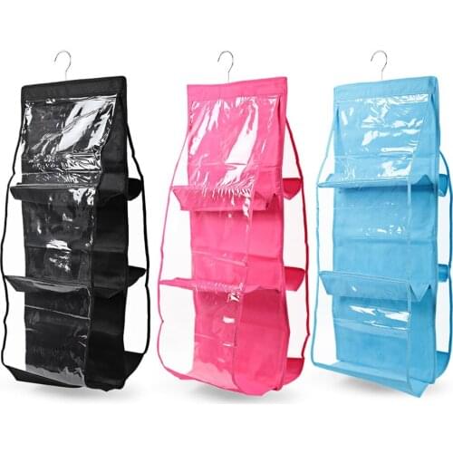 Double Side Hanging Handbag Organizer Transparent 6 Pocket Foldable Hanging Storage Bag For Handbag Purse Sundry Tidy Organizer