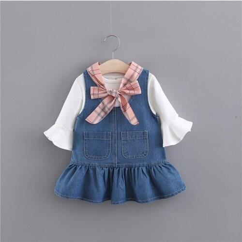 FOCUSNORM Autumn Infant Baby Girls Clothes Sets 3pcs 0-4Y Flare Long Sleeve T Shirts Tops Bib Strap Dress Scarf