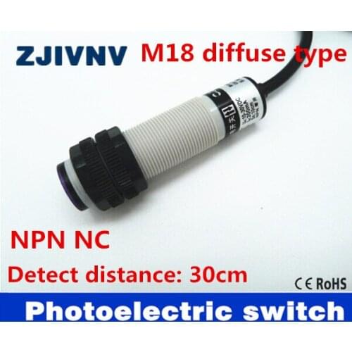 M18 diffuse type NPN NC DC 3 wires photoelectric sensor normally close switch distance 30cm adjustable reflectance laser switch