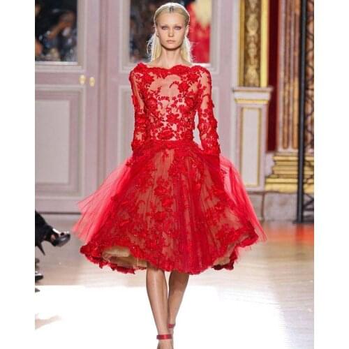 Red Appliques Tulle Short Prom Gown with Beads A Line Boat Neck Long Sleeves Wedding Party Dress