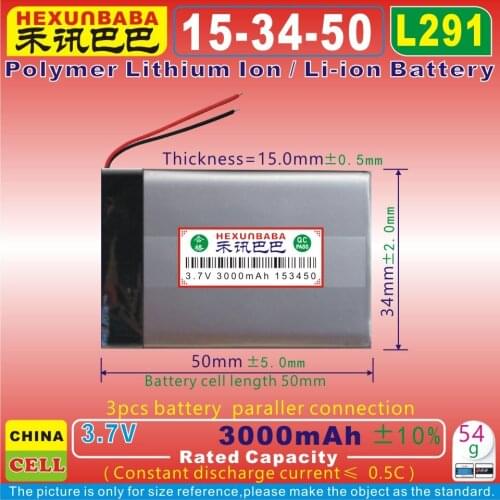 [L291] 3.7V 3000mAh [153450] Polymer lithium ion / Li-ion battery for GPS;MP4;tablet pc,cell phone,POWER BANK;MP3