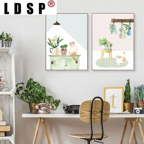 LDSP Living Room Home Decor Watercolor Cat Flower Floar Balcony Landscape Canvas Painting Wall Art Painting Print Poster Picture