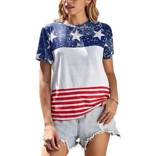 Summer Womens American Flag Printed T-Shirt Casual Stars And Stripes Pattern Tunics Tee Casual Plus Size Female Pullover Top