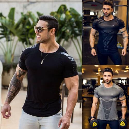 US Fashion Mens Short Sleeve Casual Gym Sport T Shirt Print Styles Fitness Handsome Workout Quick Drying Tops Blouse Outwear
