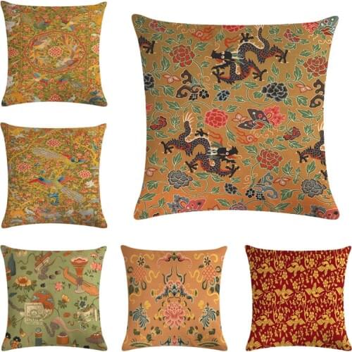Chinese Dragon Linen Pillowcase Animal Pattern Square Cushion Cover Home Sofa Decorative Pillow Cover 45x45cm Home Decor