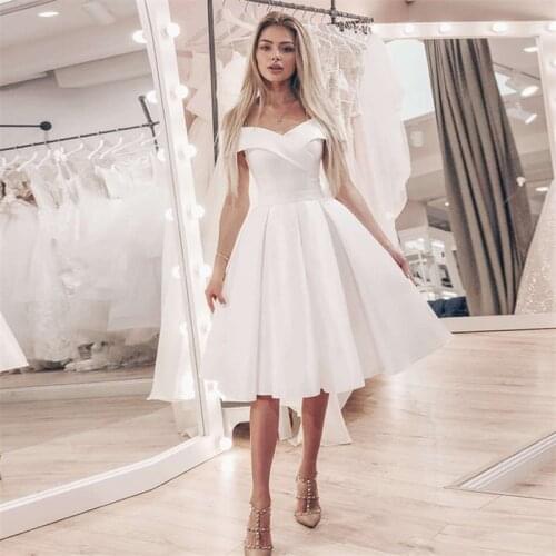 New Custom Made Satin Short Wedding Dresses 2021 A-Line V-Neck Beach Wedding Gown Off the Shoulder Knee-Length Bride Gowns