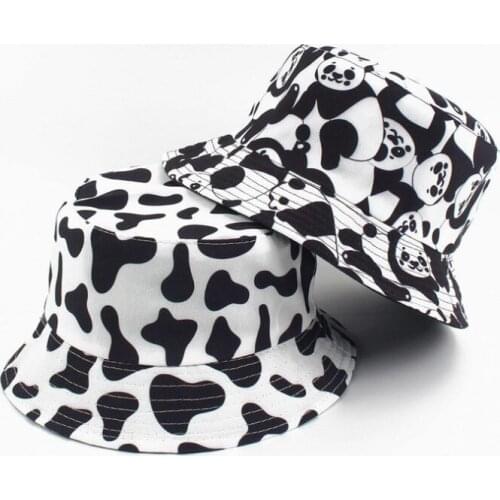 Two Side Reversible Cute Cow Panda Bucket Hat Summer Women Cotton Cap Outdoor Fashion beach Bob Sun Female panama hat