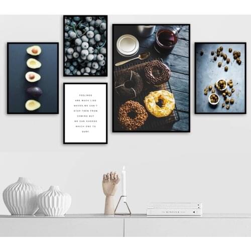 Donut Coffee Blueberry Canvas Painting Afternoon Tea Poster Blue Background Nordic Style Decor Kitchen Wallpaper Picture Print