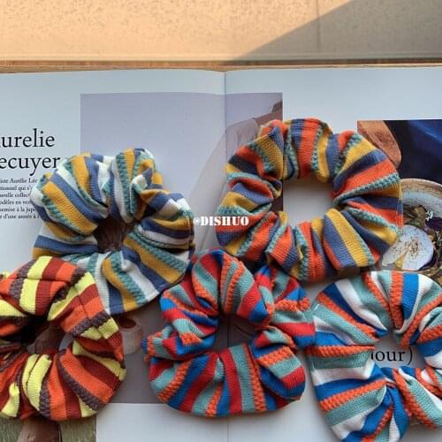 Rainbow Striped Hair Band Headband For Women High Elastic Bohemia Flower Print Hair Accessories Rope Cotton Scrunchies Wholesale