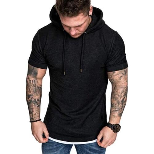 Fashion Men Casual Hooded Lace Up White Short Sleeve Shirt Slim Hooded Tops Sports Pullover Solid Autumn 2019 Casual Shirt Top