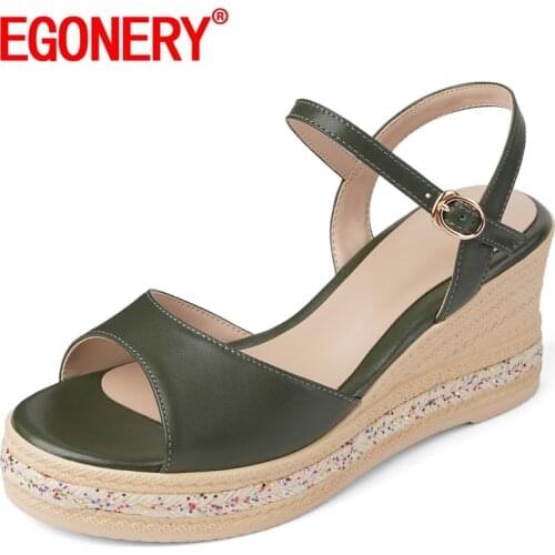 EGONERY Women summer New Style Sandals Genuine Leather Concise Comfortable office lady Fashion Leisure Slope Heel Mature soft