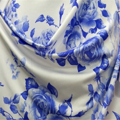 White Background Blue Rose Print Cloth Fabric High Elastic Milk Slik DIY Sewing Cloth Fabric For Dance Dress Table Cloth