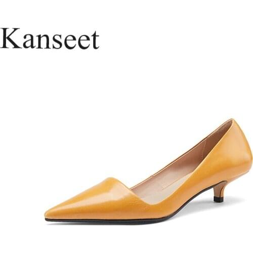 Kanseet 2021 New Arrival Women Pumps Spring Autumn Fashion Genuine Leather Elegant Handmade Pointed Toe Shallow Mid Heels Shoes