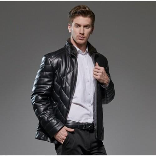 Mink fur collar, sheepskin, real leather mens jacket, plus size, duck down, winter coat for men, casaco