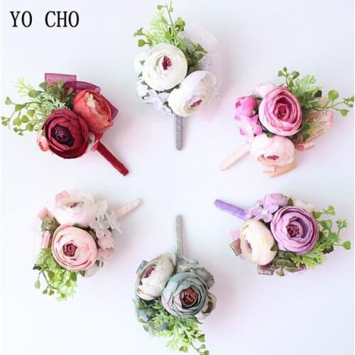 YO CHO Wholesale Silk Rose Wrist Flower Artificial Berries Wedding Flower Corsage Bracelet Man Boutoniere Dress Accessories