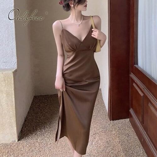 Ordifree 2021 Summer Women Satin Slip Dress Sexy Backless Night Club Wear Elegant Lady Silk Sexy Party Dress