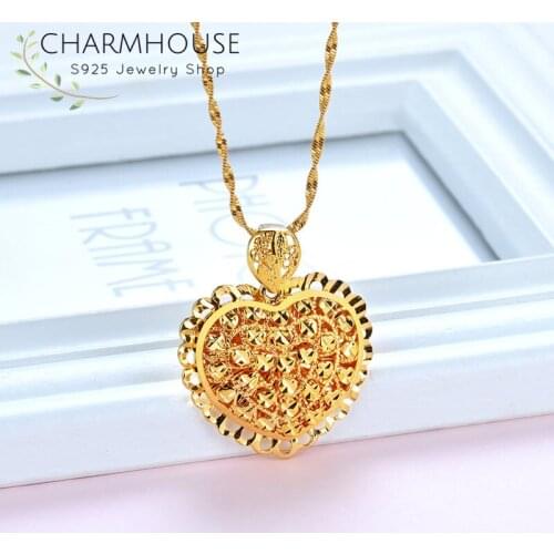 24K Real Gold Filled Necklaces For Women Big Heart Pendant & Necklace Chain Collier Femme Wedding Bridal Jewelry Accesories